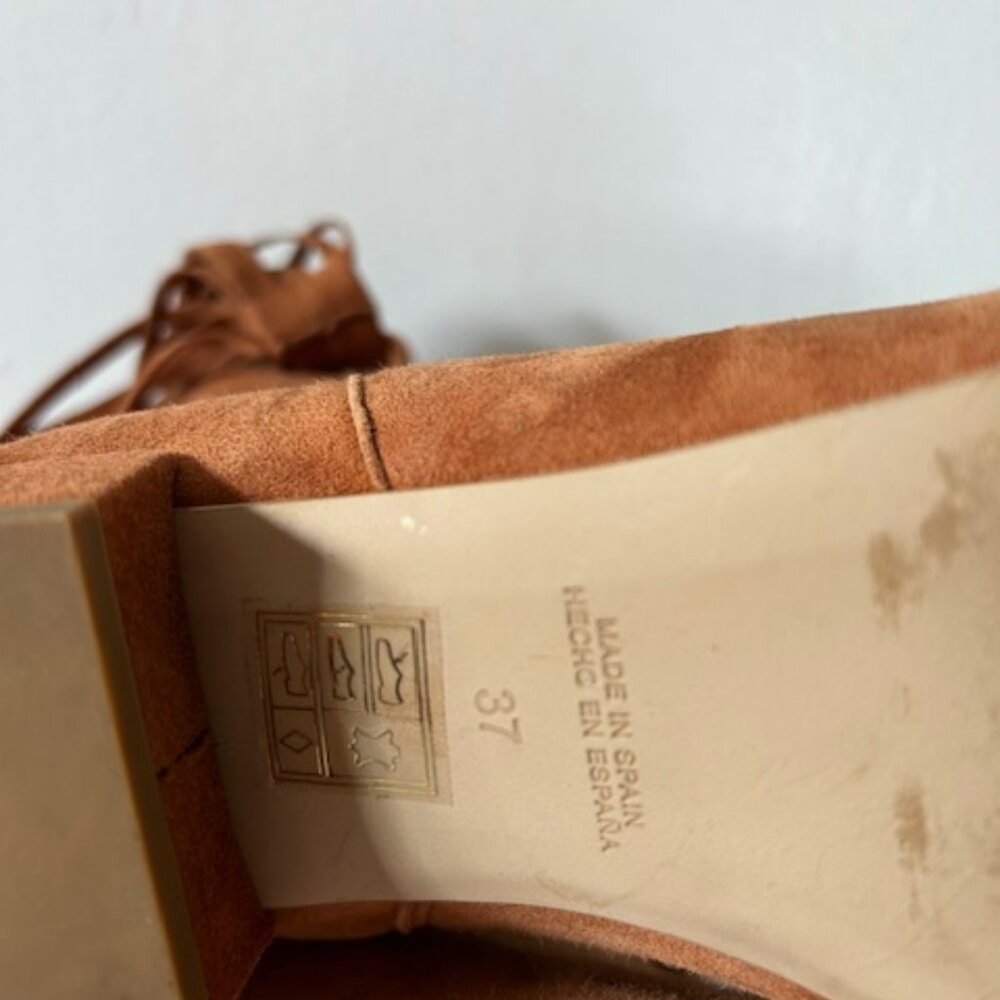 Free People Spring In Paris Boots Women's Size 6.5 Tan Suede Fringe Square Toe - Picture 3 of 8